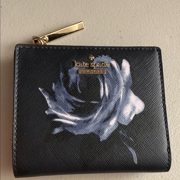 kate spade Handbags - Beautiful Kate Spade Storybook lining Black, Blue and White rose leather Wallet